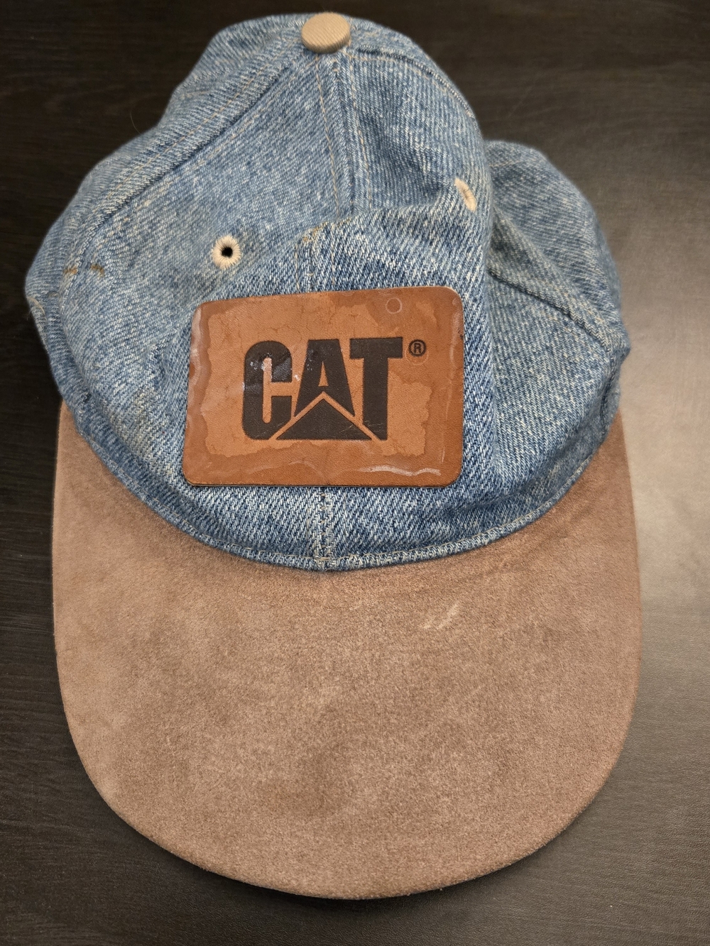 Vintage Caterpillar Denim And Tan Suede Snapback Hat